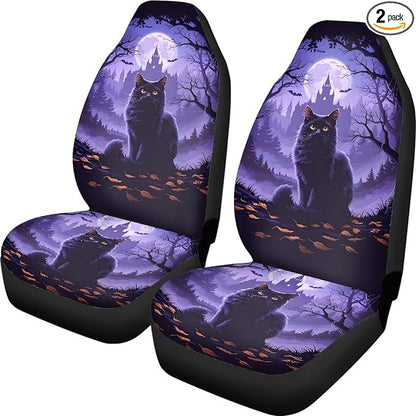 Halloween Black Cat Moon Car Seat Covers Front Seat Protector | Gothic Purple Night Print Car Accessories Automotive Seat Covers, Universal Automotive Interior Decor for Sedan Truck SUV by Brosoneto