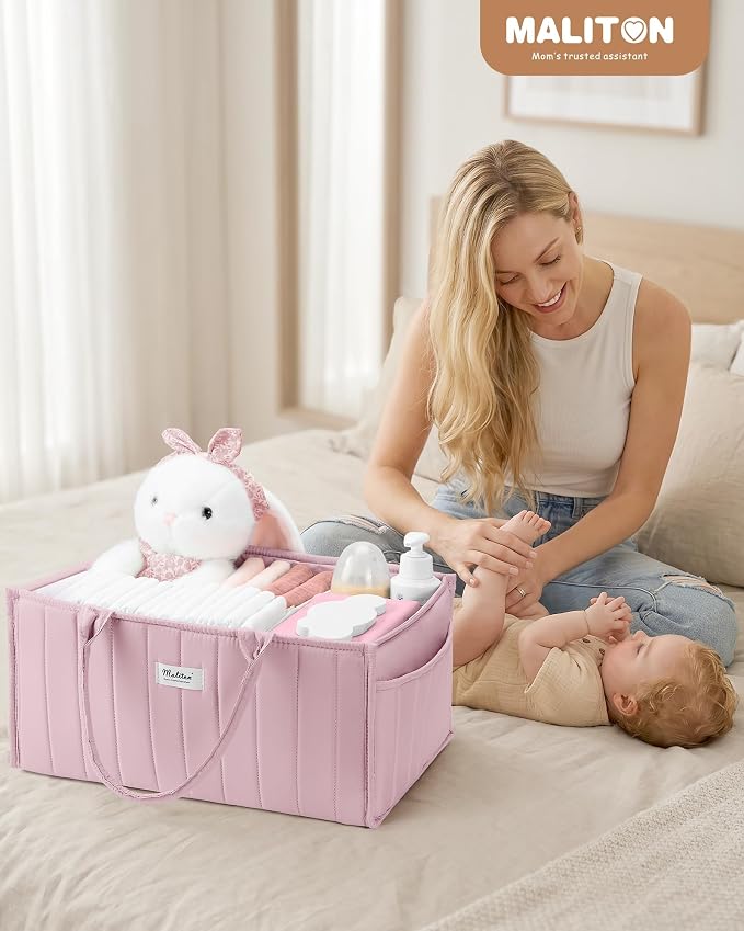 Maliton Baby Diaper Caddy Organizer for Changing Table, Pink | Portable Car Diaper Organizer Caddy with 2 Side Pockets - Versatile Storage Basket for Wipes and Baby Essentials - Image 2