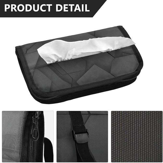 Car Tissue Holder Car Napkin Holder Car Tissue Box Dispenser Storage Case Sun Visor Mask Holder with Adjustable Straps Reusable Refillable Black Geometric Polygon - Image 3