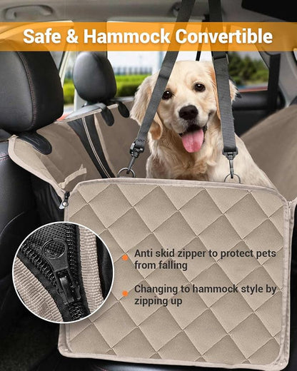 Dog Car Seat Cover, 600D Heavy Dute Car Seat Cover for Dogs Pets, 100% Waterproof Anti-Scratch Nonslip Dog Hammock for Cars, Seat Covers Protector with SeatBelt for Sedan SUV Truck Standard Khaki - Image 4