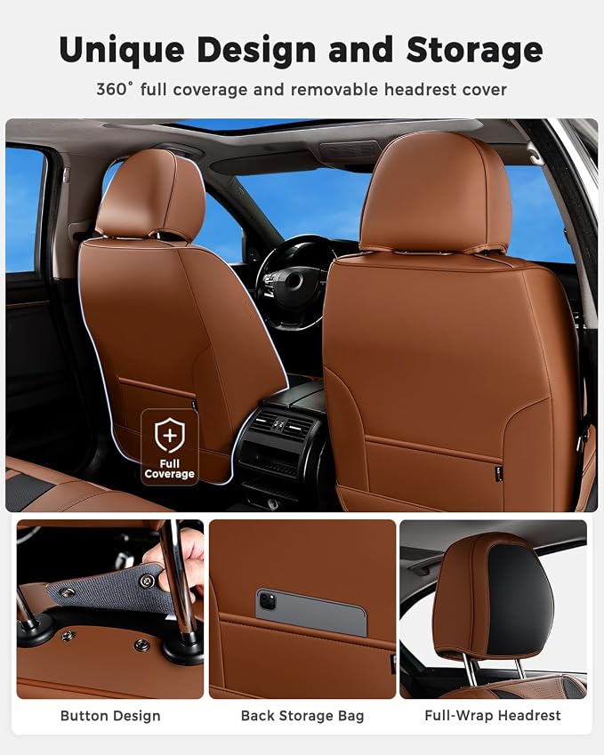 Huidasource Seat Covers Luxury Nappa Leather, Car Seat Covers Full Set with Velcro Adjustable, Airbag, Lumbar Support, Cooling＆Heating, Brown Car Seat Cover Fit for Most Cars SUV Trucks, Brown＆Black - Image 6