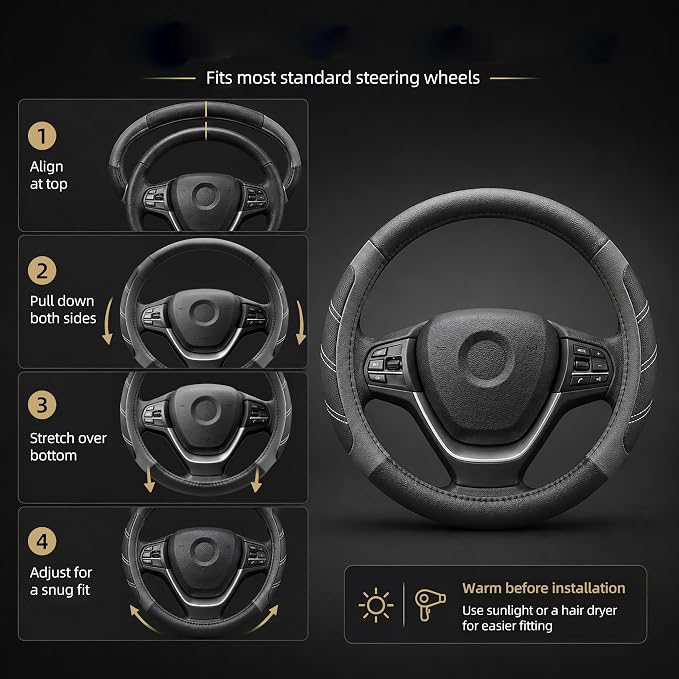 Elantrip Leather Large Steering Wheel Cover 14 1/2 inch to 15 inch Universal, Soft Grip Breathable for Car Truck SUV Jeep Anti Slip Gray - Image 5
