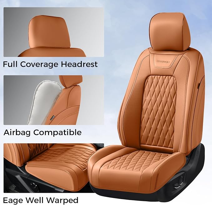 Coverado Premium Leather Front Seat Covers Waterproof Heavy-Duty Protectors Custom Fit for Ford F150 (2015-2026) F250/F350/F450 (2017-2026)-Orange, Stain-Resistant - Image 3