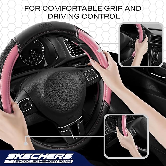 Skechers Air-Cooled Steering Wheel Cover,Leather Car Steering Wheel Cover Universal Fit 14" 1/2-15" Car Wheel Protector for Men Women Fit Suvs,Vans,Sedans,Car,Trucks,Pink - Image 4