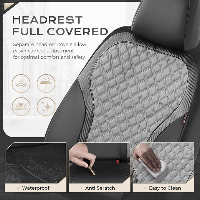 Coverado Car Seat Covers 5 Seats, Leather Seat Covers Full Set, Carbon Fiber Textured Design, Durable Waterproof Seat Protectors, Black&Gray Seat Cover, Automotive Seat Covers Universal Fit Most Cars - Image 5