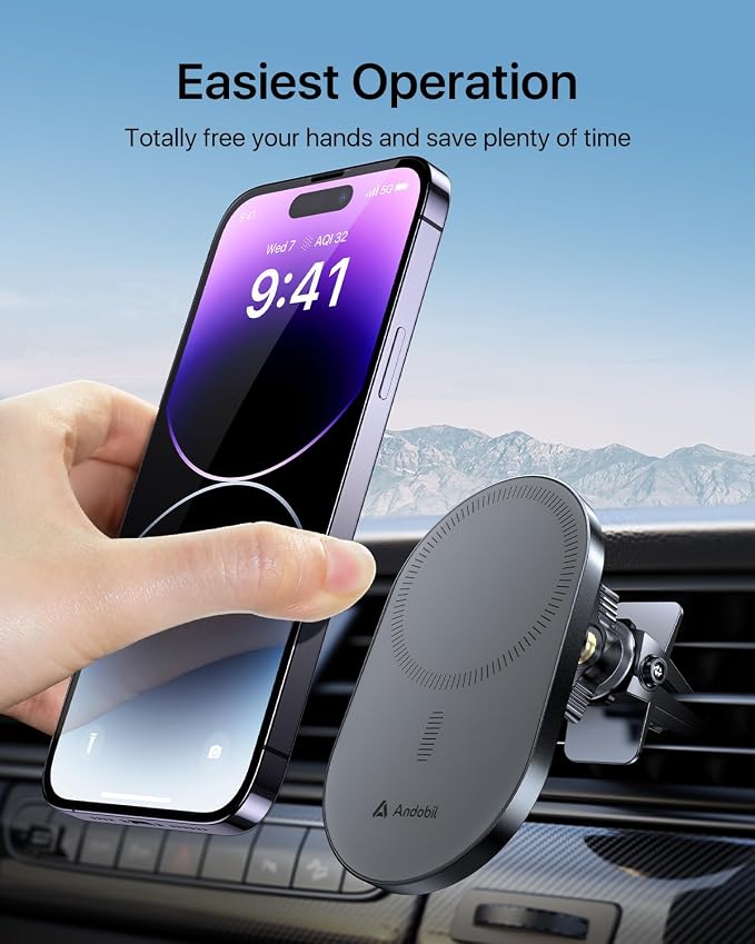 andobil 2026 Upgraded for Magsafe Car Mount [Biggest Panel, Big Phone Friendly] 360° Rotation Magnetic Phone Holder for Car Vent Suitable for iPhone 17/16/15 Pro Max Samsung S25/S24 (Grey) - Image 6
