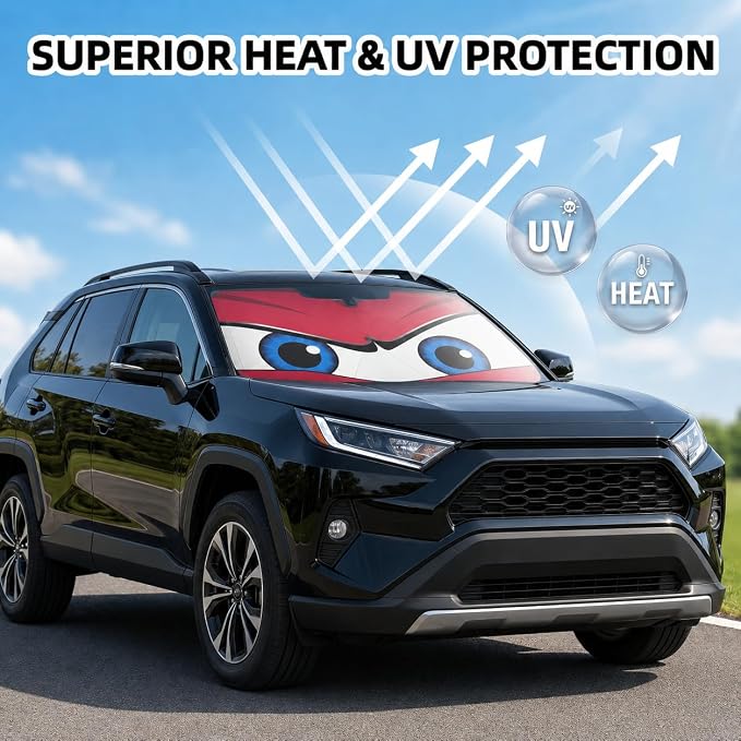 Car Windshield Sun Shade Umbrella, Universal Fit Mid-Large Sedan SUV | 57 x 31" Car Sun Visor, Foldable UV Heat Blocking Front Window Sunshade with Rearview Mirror Cutout, Cute Eyes Series - Image 3