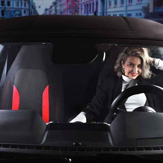 CAR PASS Bucket Car Seat Cover, Breathable 3D Air Mesh-100% Sporty Fabric Front Seats, Airbag Compatible, Universal Fit Automotive SUV Truck Sedan Vans Women, High Back Two Front 2 Piece, Black Red - Image 5