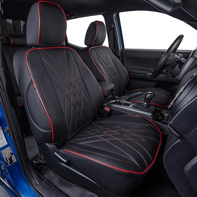 EKR Custom Fit Tacoma Leather Car Seat Covers for Toyota Tacoma 2012 2013 2014 2015 (TRD Sport Seats)- Full Set,Faux Leather(Black with Red Trim) by EKR