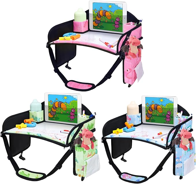 Kids Travel Tray for Toddler Car Seat, Road Trip Activities for Kid | Toddler Car Activities with No-Drop iPad Holder Stand, Roadtrip Essentials with Dry Erase Board & Cooler Cup Holder, 3PC by WENRENER