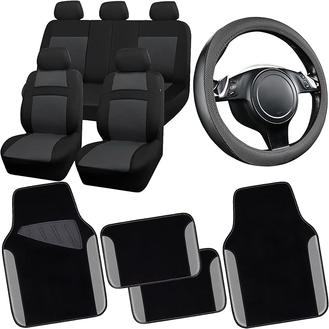 CAR PASS 3D Air Mesh Car Seat Covers Full Sets w/5mm Sponge, 4Pcs Waterproof Car Floor Mats, Steering Wheel Cover Universal Fit for SUV Sedan Truck, Airbag Compatible Automotive Interior(Black Gray) by CARPASS