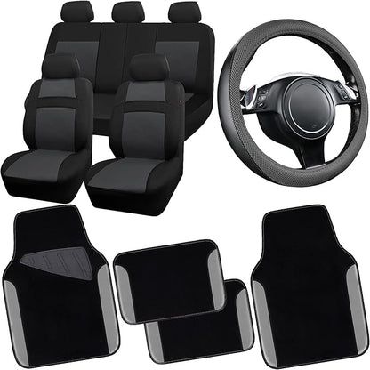 CAR PASS 3D Air Mesh Car Seat Covers Full Sets w/5mm Sponge, 4Pcs Waterproof Car Floor Mats, Steering Wheel Cover Universal Fit for SUV Sedan Truck, Airbag Compatible Automotive Interior(Black Gray) by CARPASS