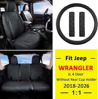 GIANT PANDA Wrangler JL Seat Covers Custom Fit for Jeep Wrangler,Premium Waterproof Faux Leather, 2018 2019 2020 2021 2022 2023 2024 2025 2026 JL 4 Door Without Rear Cup Holder Full Set (Black) - Image 2