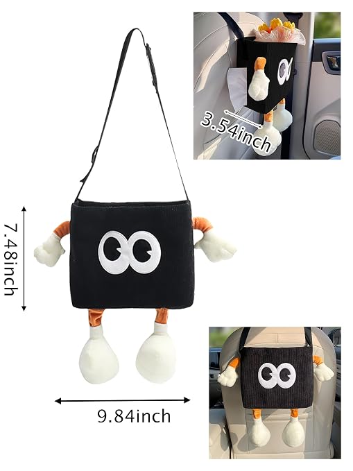 Car Cute 2 in 1 Trash Can with Tissue Holder Box Seat Back Bag Hanging Over the Seat Organizer Plush Cartoon Animal Storage Garbage,Black - Image 2