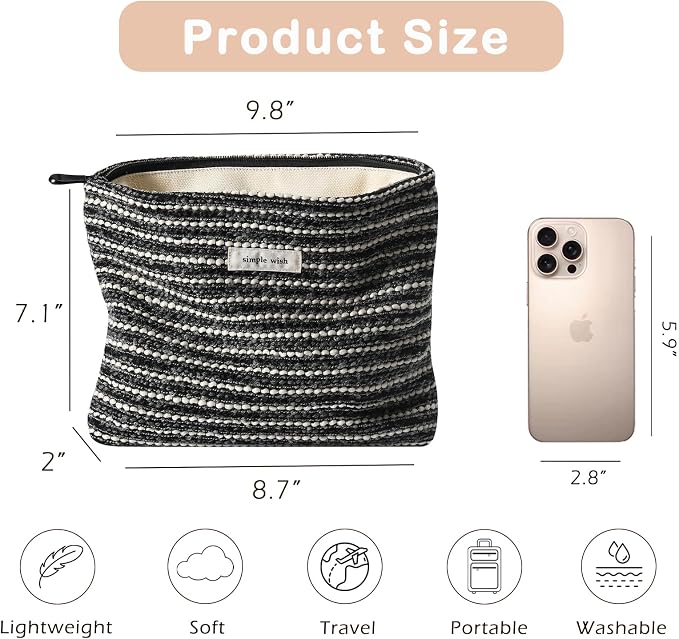 RSRSLEII Striped Travel Makeup Bag, Cute Toiletry Bag (10Black Stripe) | Aesthetic Portable Cosmetic Bag with Zipper, Vintage Makeup Pouch with Canvas Lining, Car Storage Bag for Women and Girls - Image 2