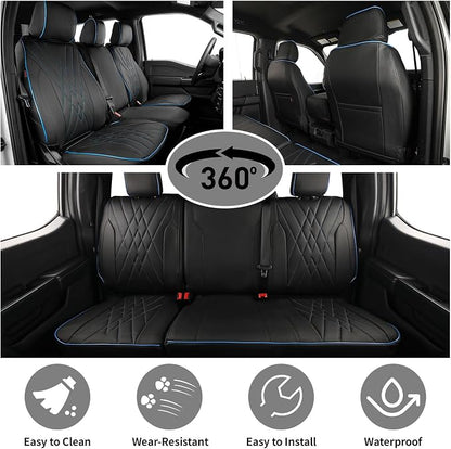 EKR F150 Seat Covers Custom Fit for (4 Door,SuperCrew) Ford F-150 STX 2024-2026 & F150 XL/XLT/Tremor 2021-2026& (Lightning) F-150 Pro/XLT/Flash 2022-2024 -Faux Leather(Black with Blue Trim) - Image 4