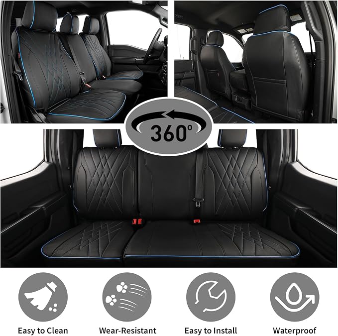 EKR F150 Seat Covers Custom Fit for (RegularCab) 2021-2026 Ford F-150 XL/XLT & 2023-2026 F250/F350/F450 SuperDuty XL/XLT,(First Row Only),Faux Leather(Black with Blue Trim) - Image 4