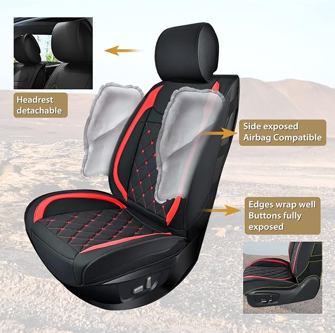 Nilight 5 Car Seat Covers Universal Fit for Civic Corolla Accord Camry | Waterproof Faux Leather Cushions Anti-Slip For 5 Passenger Cars Hyundai Kia Honda CR-V Fusion SUV Truck (Black+Red Full Set) - Image 2
