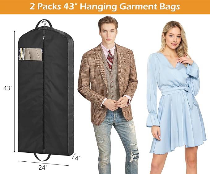 MISSLO 43" Mens Garment Bags for Travel Waterproof Suit Bags for Closet Storage for Shirts, Jackets, Coats, Black, 2 Packs - Image 3
