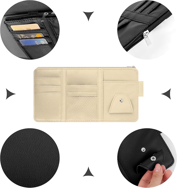 Car Visor Organizer with Sunglass Holder,Multi-Functional Car Sun Visor Organizer with Zipper for Cards,Money,Tickets,Leather Interior Accessories (Beige) - Image 5