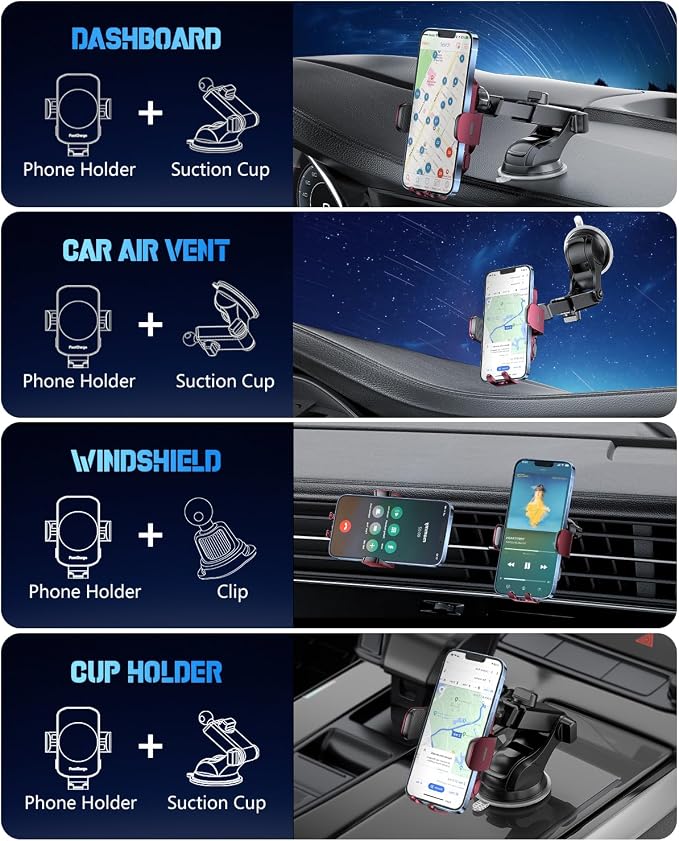 3-in-1 Wireless Car Charger Mount, 15W Fast Charging Auto-Clamping Phone Holder for iPhone 17 16 15 14, Samsung Galaxy S24 S23, Dashboard, Vent & Windshield Car Mount(Deep Red) - Image 3