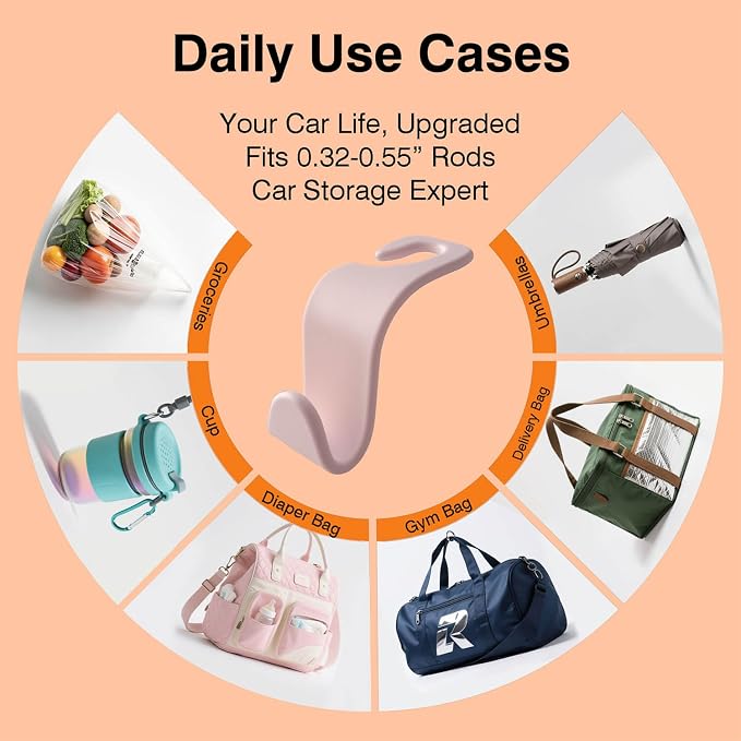 4-Pack Car Seat Hooks - 55 lb Each, Fits 0.32-0.55 in Headrest Rods | Purse holders; PP construction; tool-free setup; 360° swivel; pink; for groceries, backpacks, gym bags, and baby gear - Image 6
