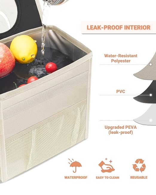 Capolo Car Trash Can with Lid, Leakproof Car Garbage Can Car Trash Bag | Waterproof, Trash Can for Car, 3 Mesh Pockets, Mini Hanging Vehicle Car Trash Bin, for Back/Front Seat (Beige,4 Gal) - Image 4