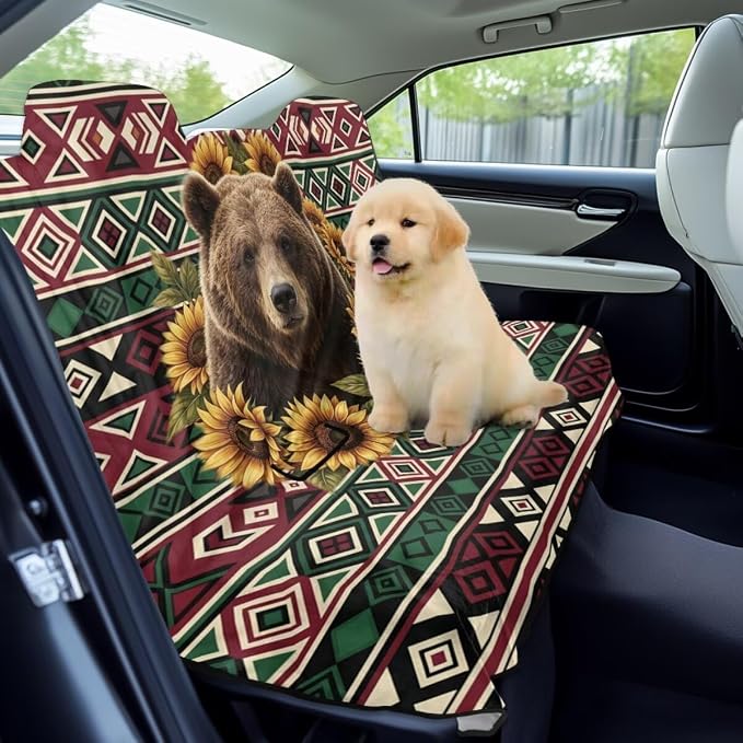 Bear Sunflower American Aztec Tribal Print Car Seat Cover Universal Rear Seat Cover Sport Seat Cover for Back Seat Split Bench Car Seat Protector Auto Interior Accessories for SUV Sedan - Image 3
