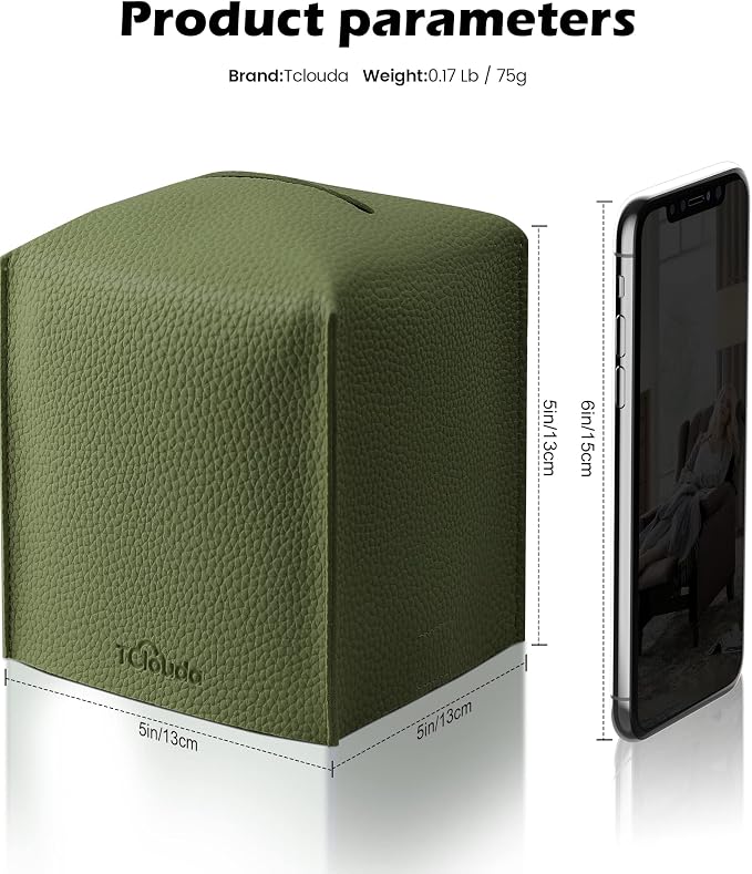 Tissue Box Cover for PU Leather, Modern Simple Solid Color Holder Square Tissue Bag, Ideal for Bathrooms,Office,Car,Nightstand,Outdoor Tent,Dining Table,5"X5"X5", Double Green - Image 2