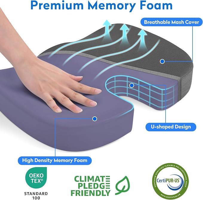 CushZone XL Memory Foam Seat Cushion for Office, Car & Wheelchair, Gray | U-shaped Coccyx Cutout, Contoured Design, Breathable Removable Mesh Cover, Non-Slip Base, Carry Handle - Image 2