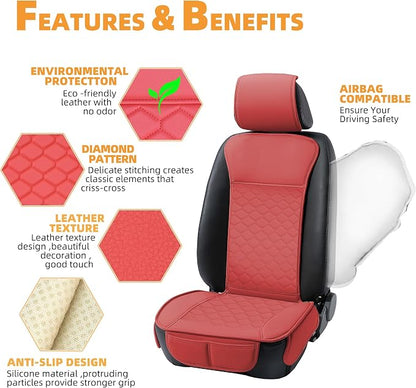 Elantrip Leather Car Seat Covers Front 2PC Waterproof Sporty Red | Bold red diamond-quilted faux leather — sporty statement with rugged protection - Image 2