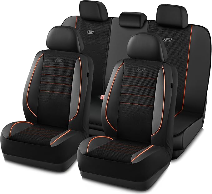Skechers Air-Cooled Memory Foam Seat Covers,Mesh Thick Car Seat Covers,Piping Leather Car Seat Cover,Airbag Compatible,Automotive Comfort for Most Cars, Vans, Trucks, SUV(Orange, Full Set) by Unknown