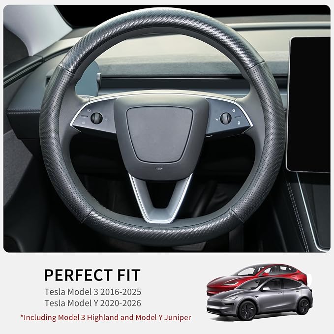 Uxcer Carbon Fiber Leather Steering Wheel Cover for Tesla Model 3/Y 2016-2025 2026 Juniper/Highland, Non-Slip Breathable Steering Wheel Protector for Tesla Model 3/Y Accessories 2026 - Image 2