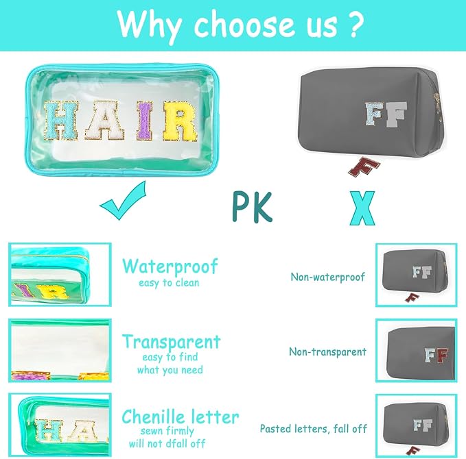 Bunliuys Chenille Letter Clear Makeup Bag Travel Patch, Travel Toiletry Makeup Bag with Handle, Nylon Waterproof Makeup Bags clear cosmetic bag, preppy patch makeup bag for Women (TRAVEL-Mint Green) - Image 4