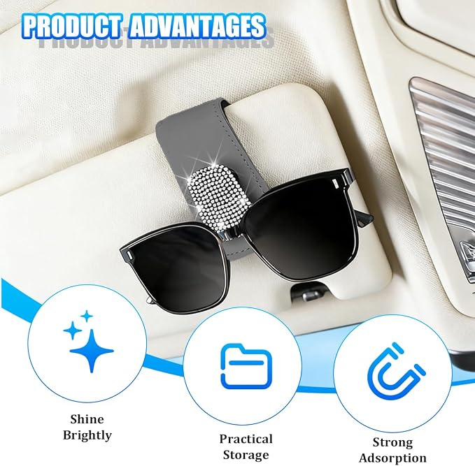 Bling Car Sun Visor Sunglasses Holder, Crystal Rhinestone Leather Visor Eyeglasses Ticket Card Mounter Clip, Shiny Diamond Auto Glasses Hanger Holder, Universal Fit (Gray/White) - Image 3