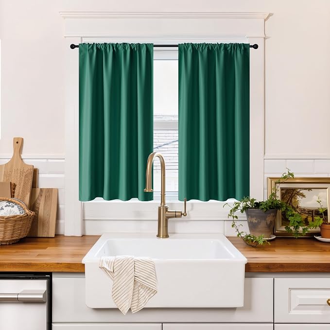 RYB HOME 100% Blackout Short Curtains for Small Window, Thermal Insulated | Total Room Darkening, Noise Reducing, Curtains for Kitchen Bathroom Basement, W34 x L48, Dark Green, 2 Panels by RYBHOME