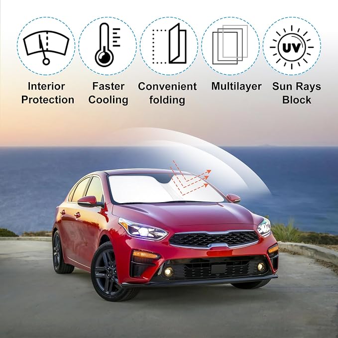 Windshield Sun Shade for 2019-2024 2025 Kia Forte Accessories | Full covered for windshield, Foldable & Durable, Block UV Rays, Reduce Heat, Easy to install, Keep Car Cooler - Image 2