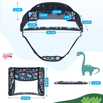 Kids Travel Tray for Carseat for Road Trip Activities, Dinosaur | Carseat Tray With 16.7" x 13.4" Smooth Dry Erase Board, Cup holders, Ddjustable Strap & Shoulder Carry Strap - Image 8