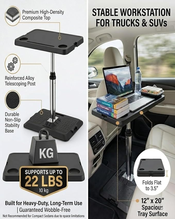 Car Seat Tray Table - Height Adjustable Laptop Desk & Eating Tray for Vehicles | Universal Multi-Function Travel Workstation for Front & Back Seats for SUV, Truck, & RV - Image 6