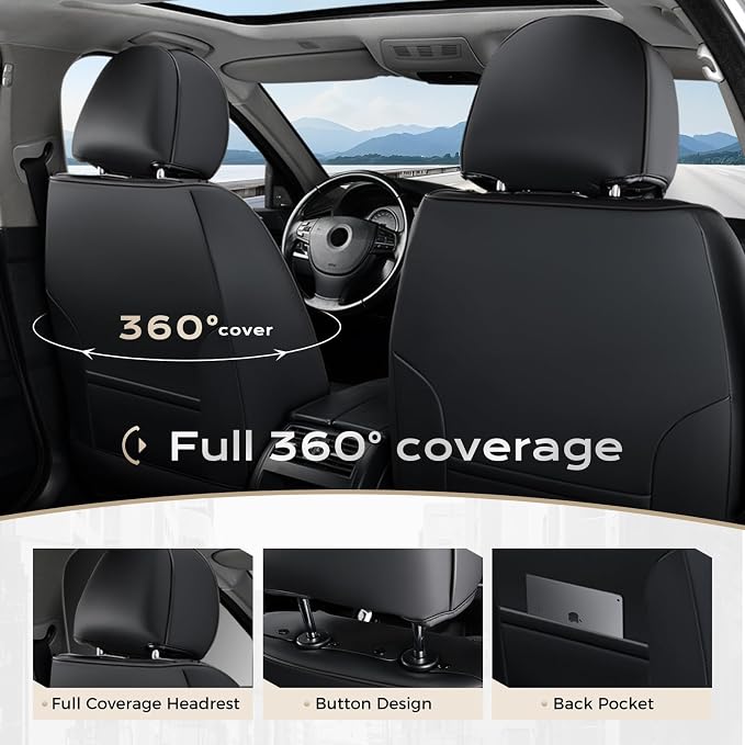 Coverado Car Seat Covers, Leather Seat Covers Full Set, Waterproof Car Seat Protector with Lumbar Support, Automotive Seat Covers Seat Cushions Universal Fit for Most Cars SUV Trucks, (Black&Beige) - Image 2
