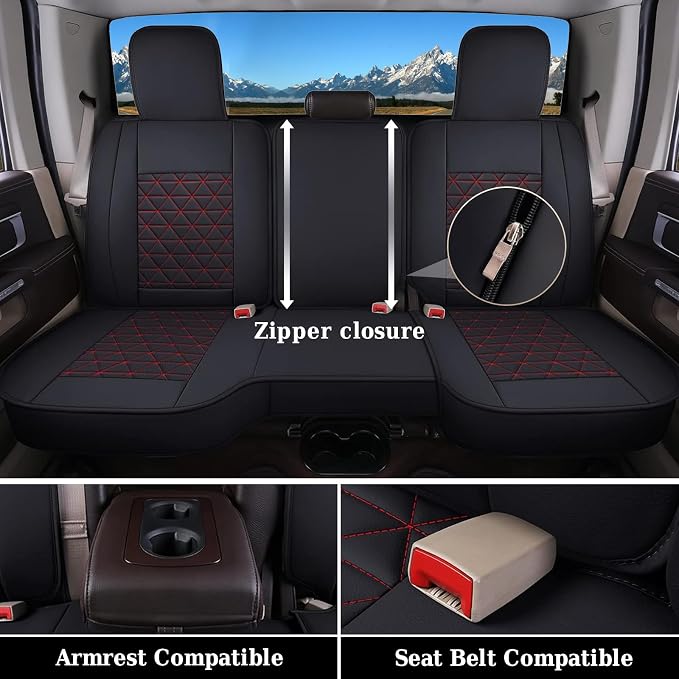 Coverado Seat Covers for Dodge Ram Full Set, Waterproof Truck Car Seat Cover Protectors Custom Fit for 2002-2026 Dodge RAM 1500 2500 3500 with Curved Bench(Red) - Image 3