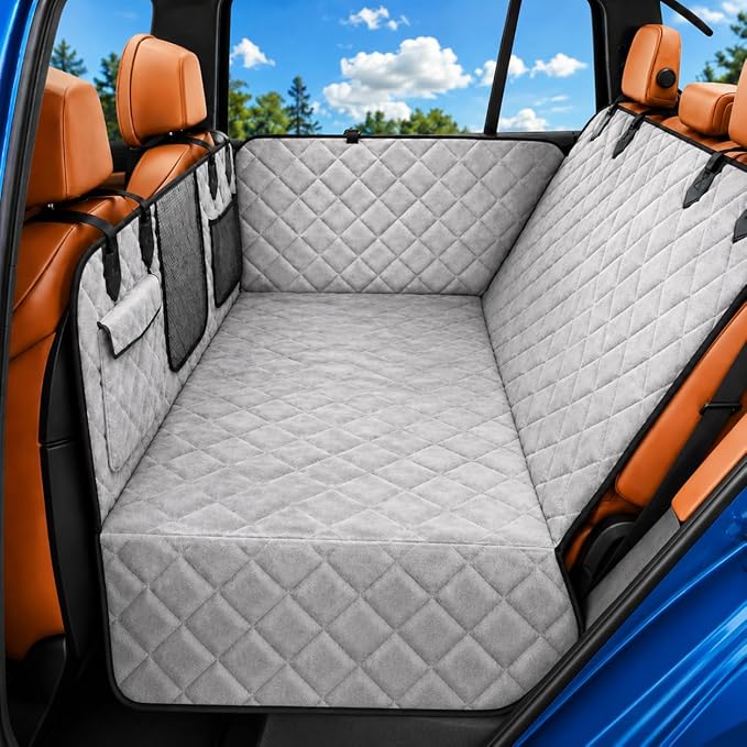 IJVAE Dog Car Seat Cover for Back Seat, Gray Flannel Hard Bottom Back Seat Extender Holds Up to 500 lbs, Waterproof Backing, Nonslip Dog Hammock for Cars, SUVs and Small Trucks by IJVAE
