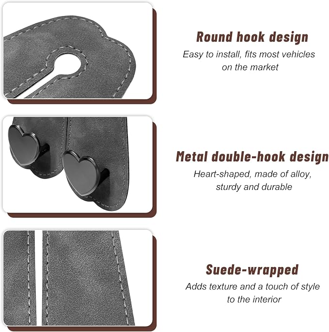2 PCS Car Seat Headrest Hook, Cute Heart Shape Auto Seat Back Storage Hanger, Suede Double Headrest Purse Hooks Storage Organizer for Most Vehicles, Car Accessories (Gray) - Image 3