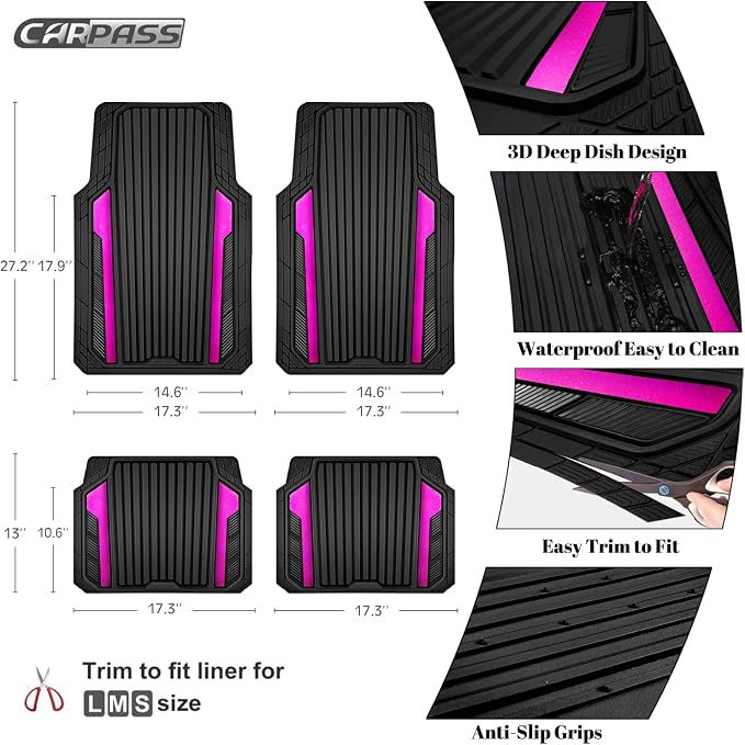 CAR PASS Heavy Duty Rubber Car Mats Metallic, Aluminum Film All Weather Floor Mats Waterproof Universal Trim to Fit for SUV Sedan Van 4 Piece Anodized Deep Dish Two-Tone Sporty Black Hot Pink Chrome - Image 4