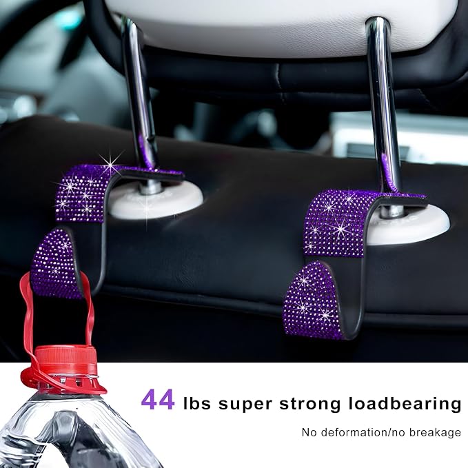 4 PCS Car Seat Headrest Hooks, Bling Crystal Rhinestone Back Seat Hanger Storage Organizer, Sparkly Seatback Holder Hooks for Purse and Bags Universal For Most Vehicles (Purple) - Image 5