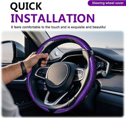 3pcs Universal Carbon Fiber Steering Wheel Cover - Anti-Slip & Segmented Design, Universal 99% Durable Steering Wheel Protector for Men and Women, Car Interior Accessory (Purple) - Image 6