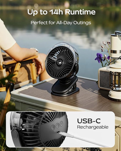SWEETFULL Portable Misting Clip On Fan, USB-C Rechargeable Mini Personal Cooling Fan with 4 Speeds, 360° Rotatable, Quiet Cooling for Outdoor, Camping, Golf Cart, Travel, Stroller & Desk (Black) - Image 7