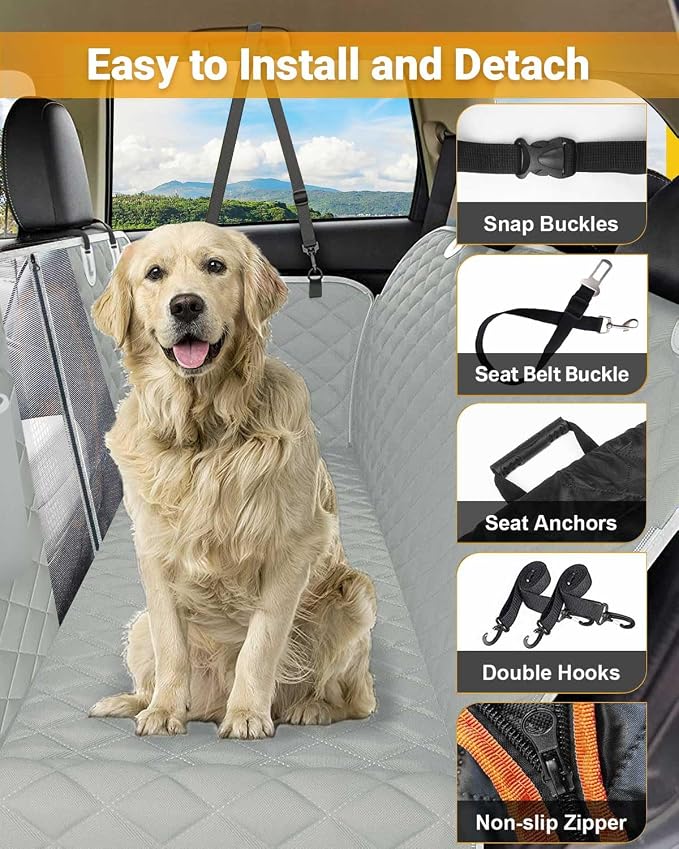 Dog Car Seat Cover, 600D Heavy Dute Car Seat Cover for Dogs Pets, 100% Waterproof Anti-Scratch Nonslip Dog Hammock for Cars, Seat Covers Protector with SeatBelt for Sedan SUV Truck Standard Gray - Image 2