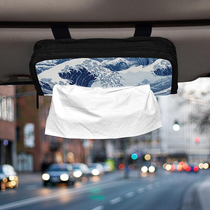 Car Tissue Holder Car Napkin Holder Tissue Box Dispenser Storage Case Sun Visor Mask Holder Accessories with Adjustable Straps Reusable Refillable Deep Blue Wave Pattern Snow Mountain - Image 6