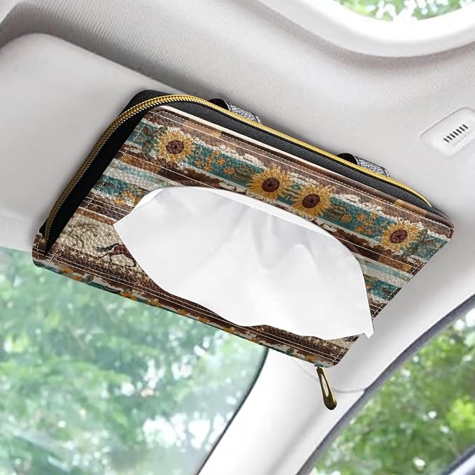 Biyejit 2 Pack Car Tissue Holder, Aztec Sunflower Horse Premium Sun Visor Napkin Case, Hanging Car Accessories Used to Organize Paper Towels and Storage Small Items - Image 2
